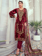 Jyoti Fashion Women's Maroon Velvet Cording with Digital Printed Kurta with Trouser & Dupatta