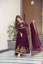 Jyoti Fashion Women's Wine Faux Georgette Zari Thread & Sequins Embroidered Anarkali Set with Dupatta