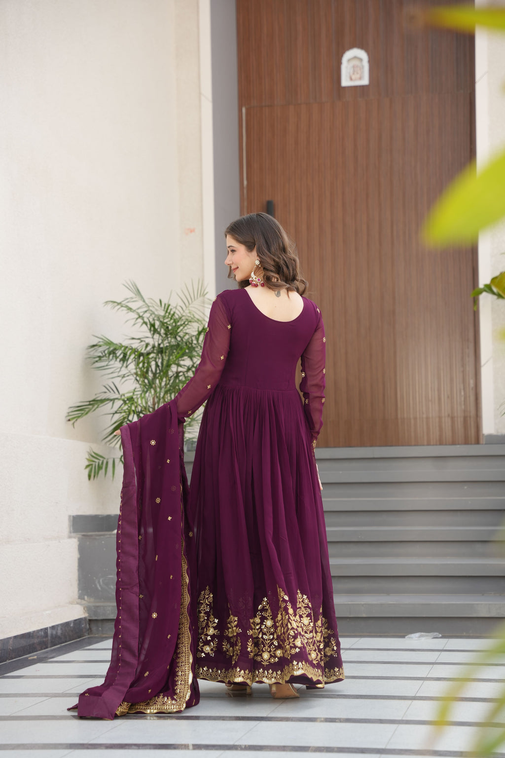 Jyoti Fashion Women's Wine Faux Georgette Zari Thread & Sequins Embroidered Anarkali Set with Dupatta