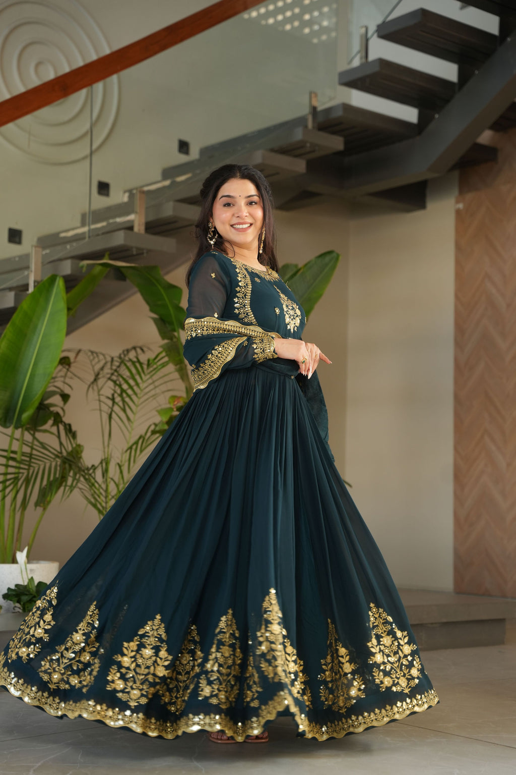 Jyoti Fashion Women's Rama Faux Georgette Zari Thread & Sequins Embroidered Anarkali Set with Dupatta