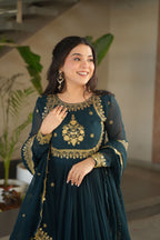 Jyoti Fashion Women's Rama Faux Georgette Zari Thread & Sequins Embroidered Anarkali Set with Dupatta