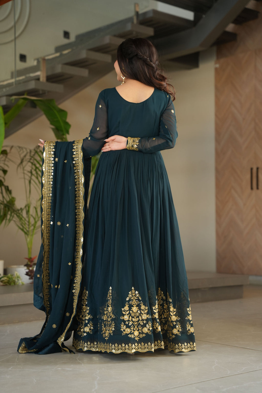Jyoti Fashion Women's Rama Faux Georgette Zari Thread & Sequins Embroidered Anarkali Set with Dupatta