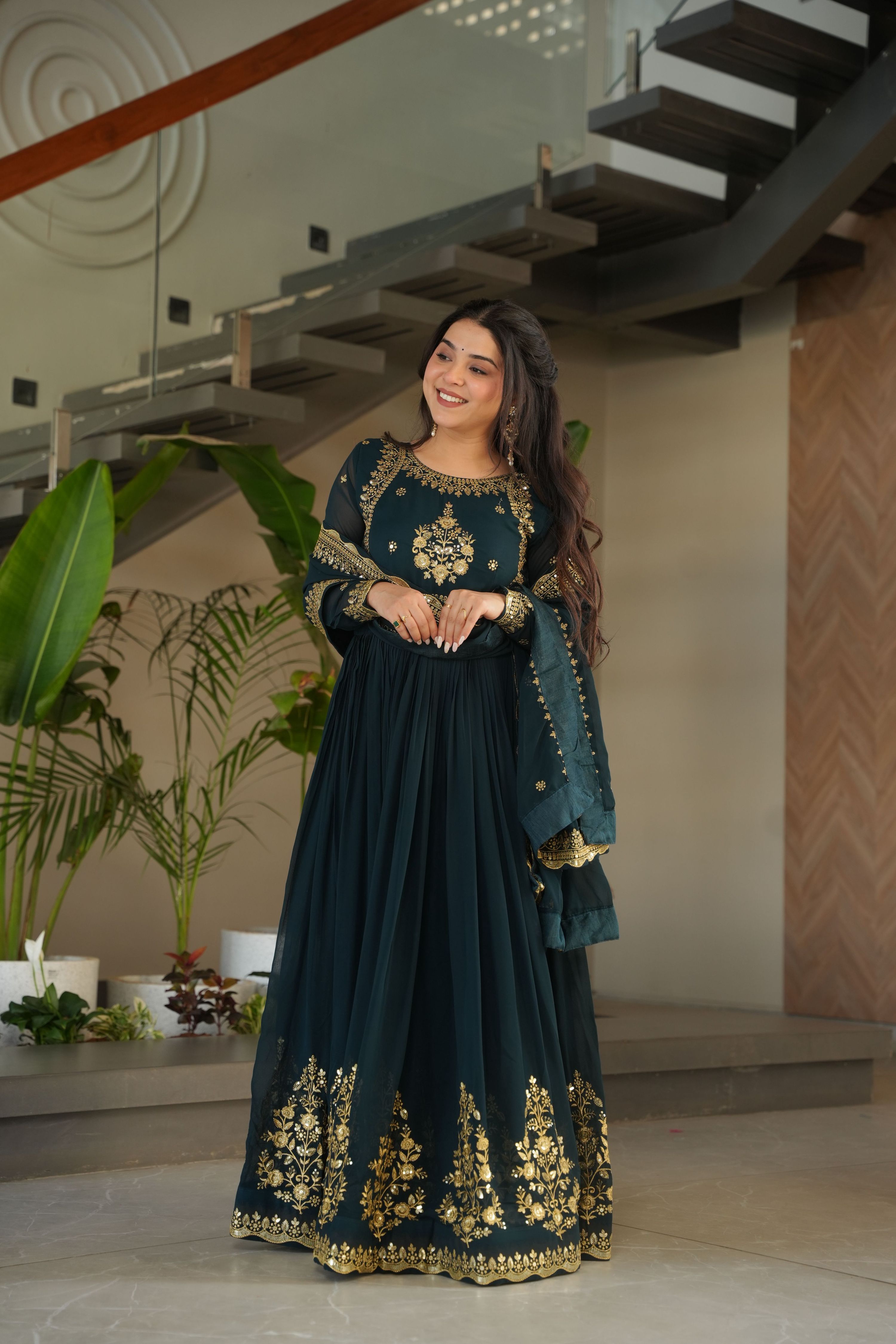 Jyoti Fashion Women's Rama Faux Georgette Zari Thread & Sequins Embroidered Anarkali Set with Dupatta