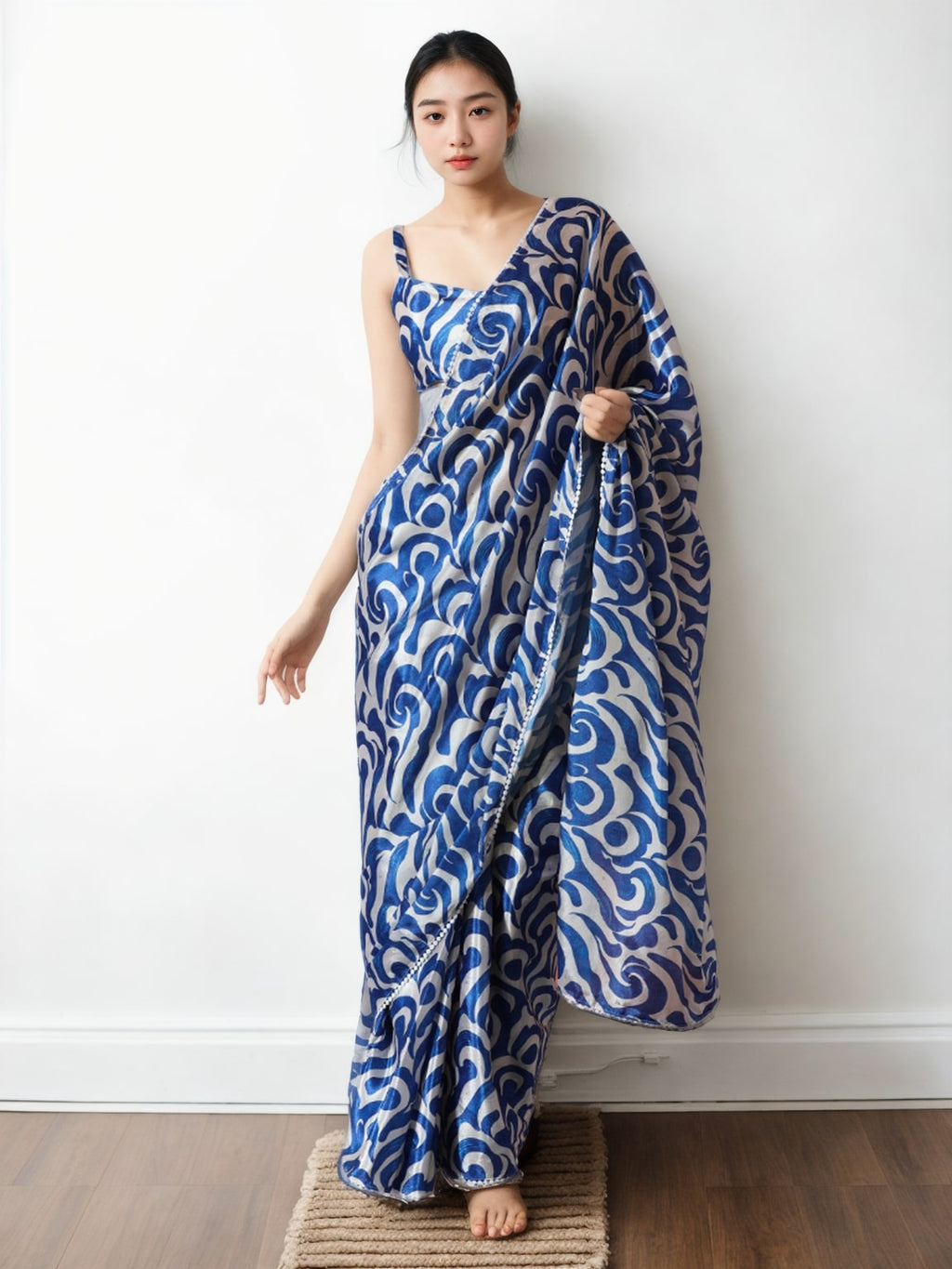 Jyoti Fashion Women's Blue Chinon Digital Printed Ready To Wear Saree with Blouse - Distacart
