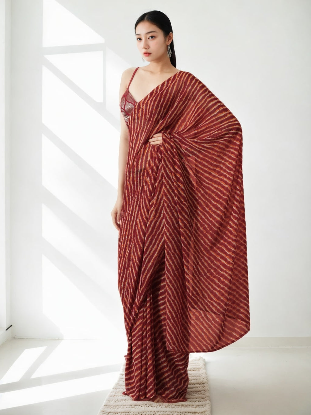 Jyoti Fashion Women's Maroon Marble Chiffon Printed Ready To Wear Saree with Blouse