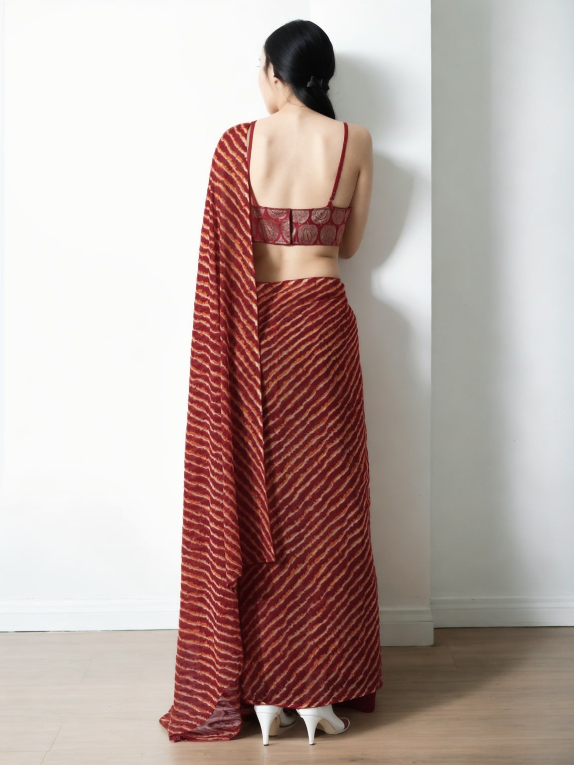 Jyoti Fashion Women's Maroon Marble Chiffon Printed Ready To Wear Saree with Blouse