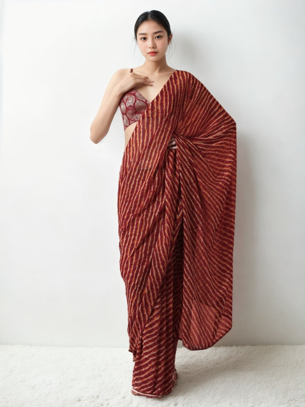 Jyoti Fashion Women's Maroon Marble Chiffon Printed Ready To Wear Saree with Blouse