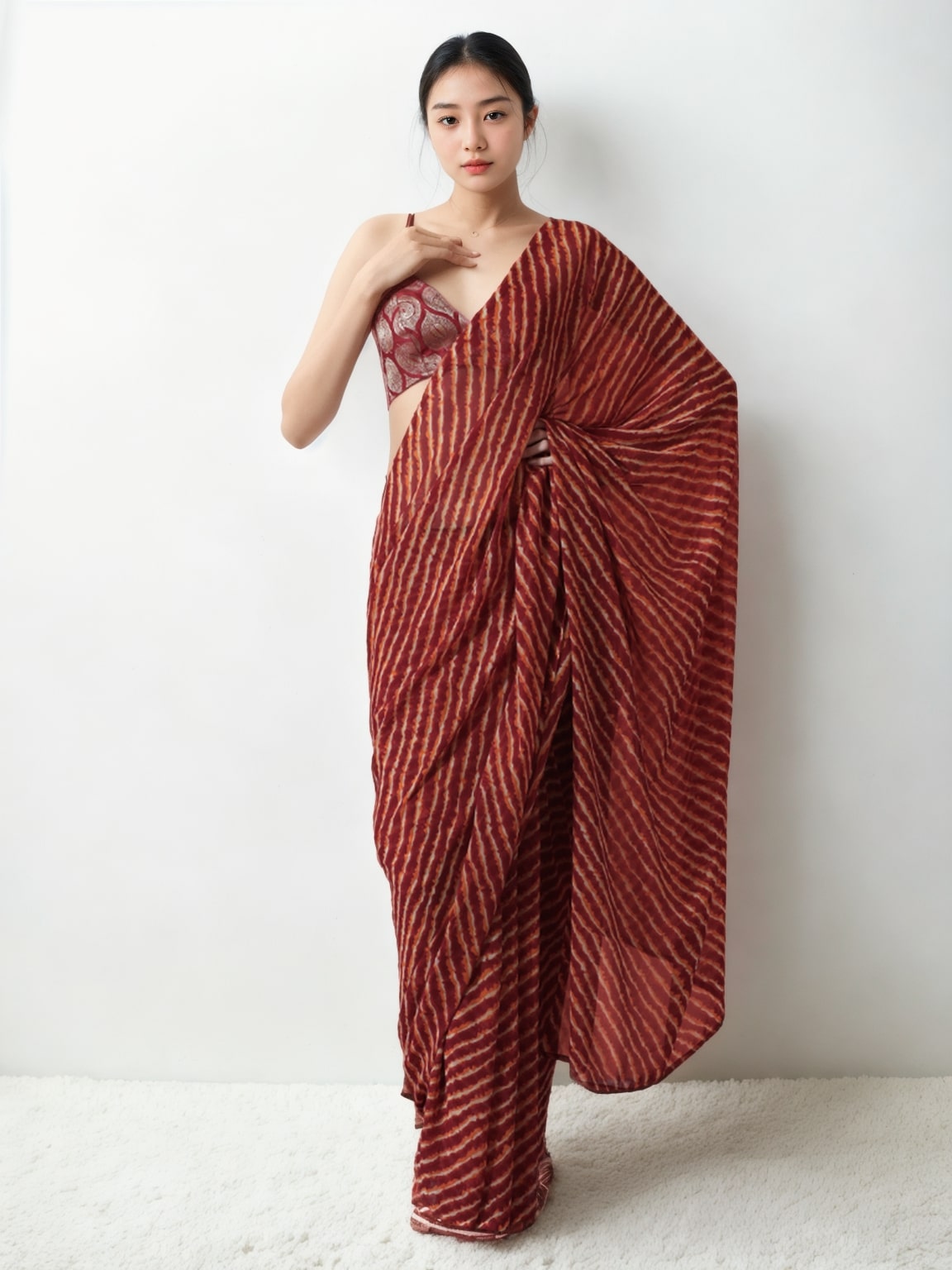 Jyoti Fashion Women's Maroon Marble Chiffon Printed Ready To Wear Saree with Blouse