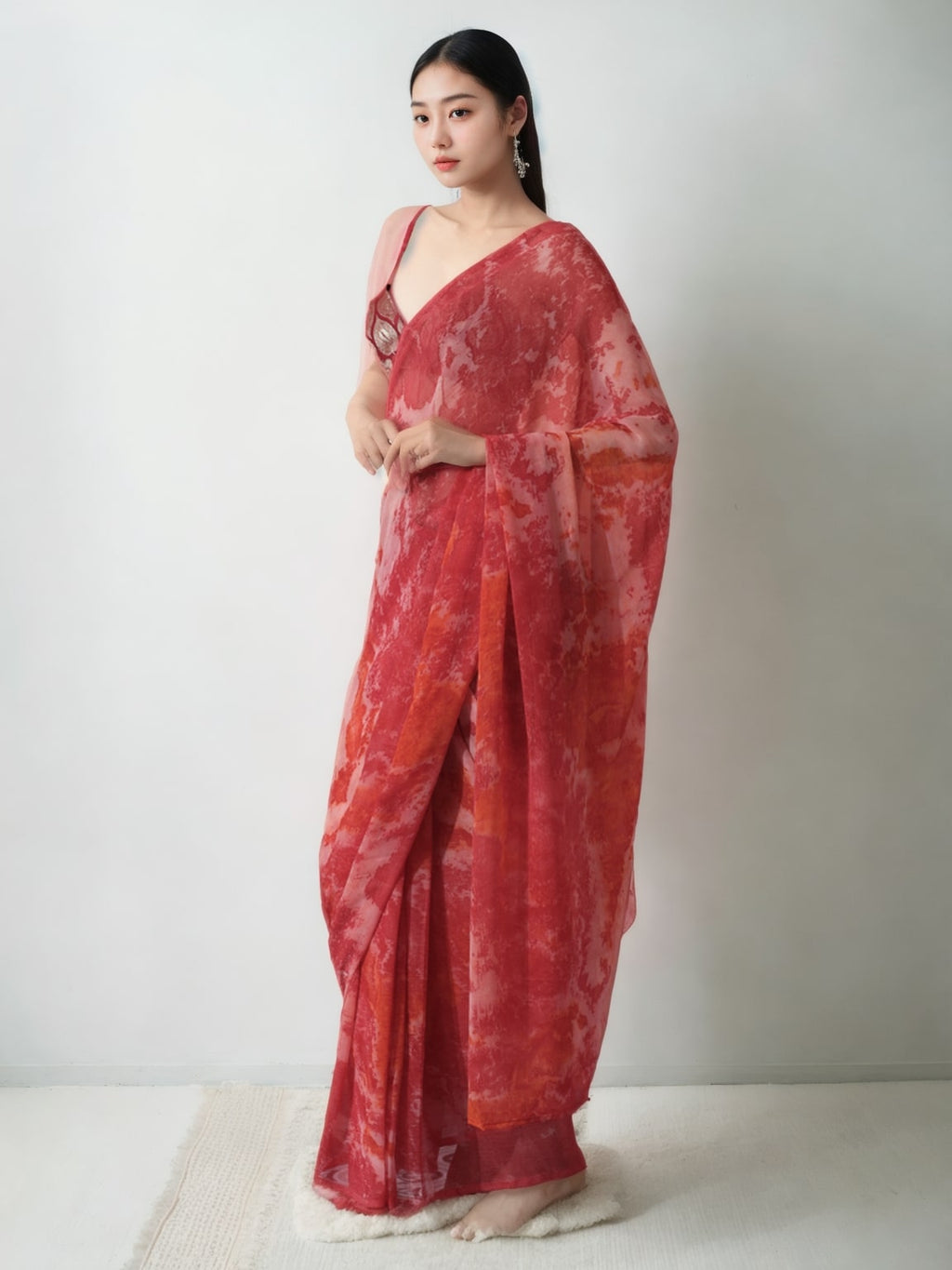 Jyoti Fashion Women's Gajri Marble Chiffon Printed Ready To Wear Saree with Blouse