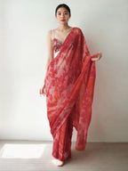 Jyoti Fashion Women's Gajri Marble Chiffon Printed Ready To Wear Saree with Blouse