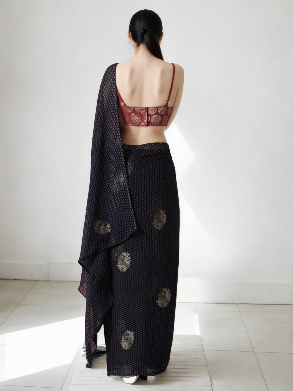 Jyoti Fashion Women's Black Marble Chiffon Printed Ready To Wear Saree with Blouse - Distacart