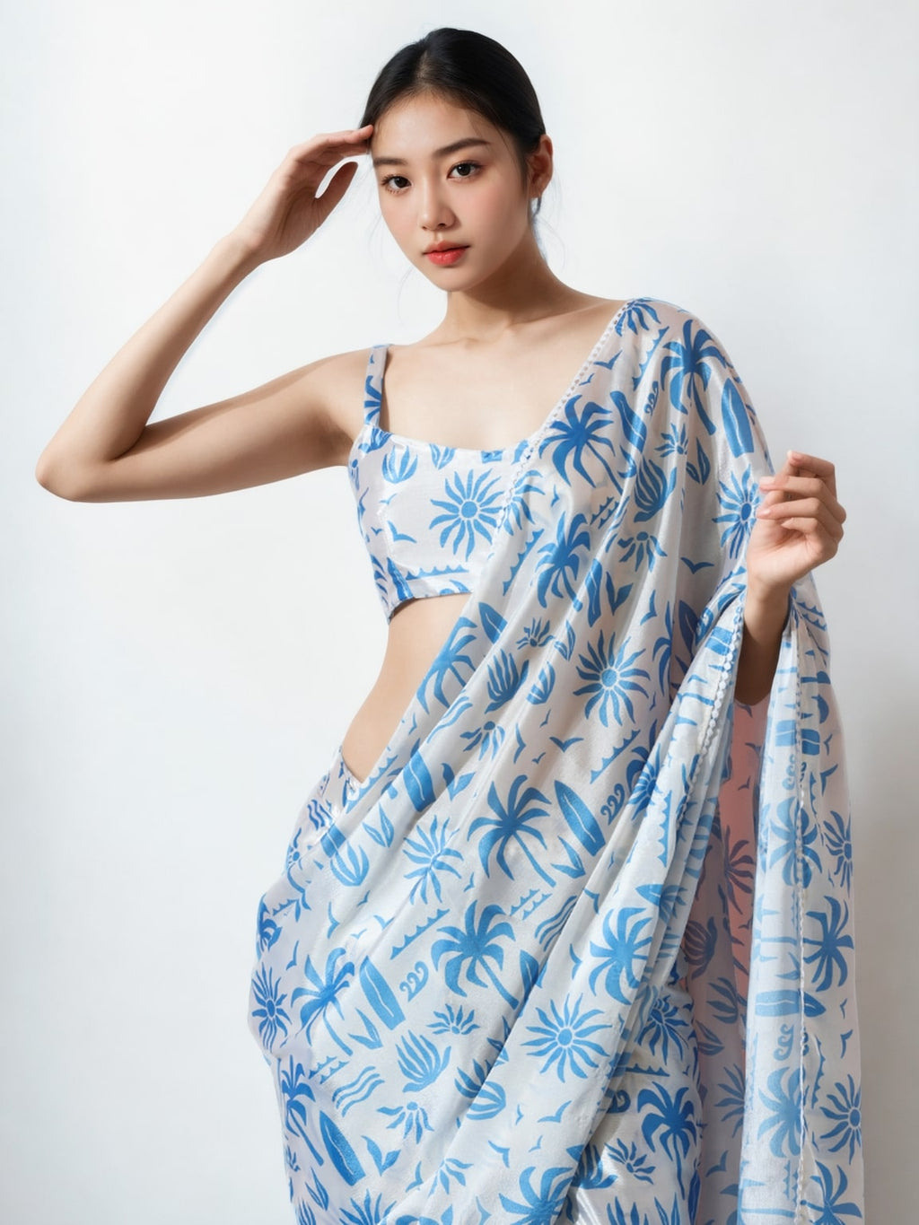 Jyoti Fashion Women's Sky Blue Chinon Digital Printed Ready To Wear Saree with Blouse - Distacart