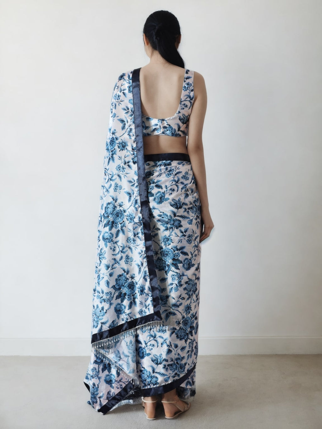 Jyoti Fashion Women's Navy Blue Chinon Digital Printed Ready To Wear Saree with Blouse - Distacart