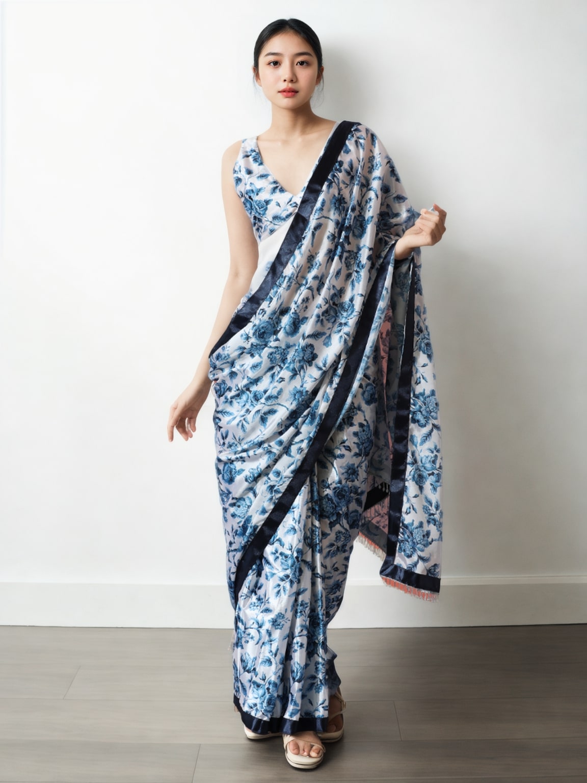 Jyoti Fashion Women's Navy Blue Chinon Digital Printed Ready To Wear Saree with Blouse - Distacart