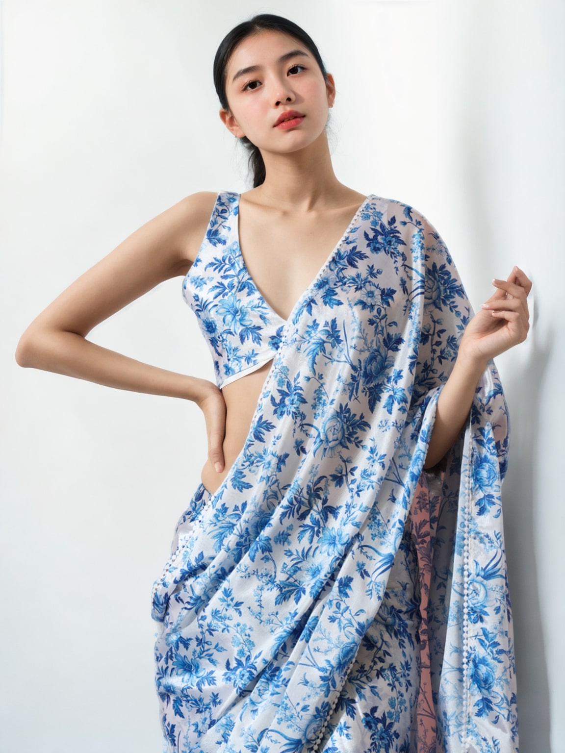Jyoti Fashion Women's Blue Chinon Digital Printed Ready To Wear Saree with Blouse - Distacart