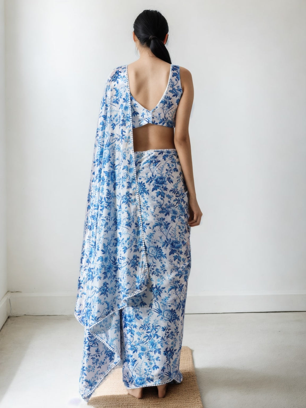 Jyoti Fashion Women's Blue Chinon Digital Printed Ready To Wear Saree with Blouse - Distacart