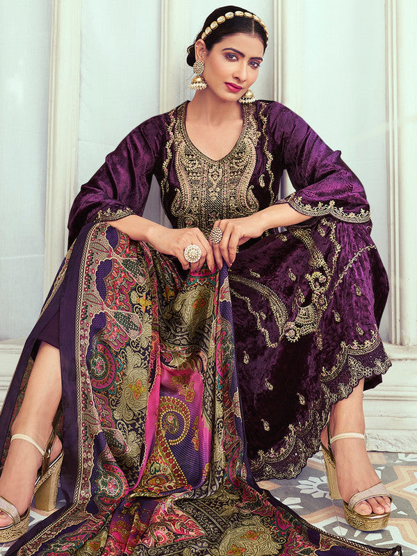 Jyoti Fashion Women's Purple Velvet Cording with Digital Printed Kurta with Trouser & Dupatta