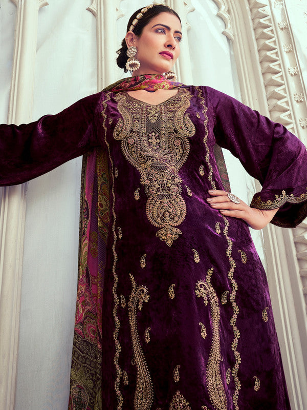 Jyoti Fashion Women's Purple Velvet Cording with Digital Printed Kurta with Trouser & Dupatta