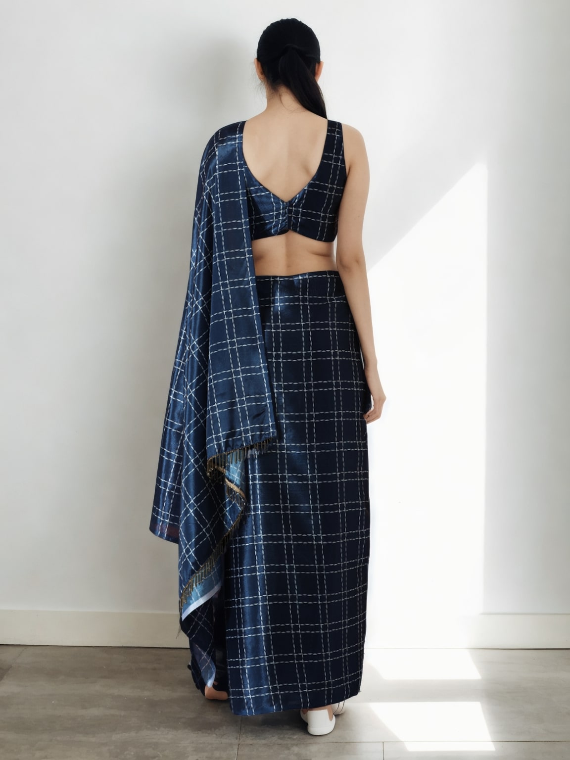 Jyoti Fashion Women's Navy Blue Chinon Digital Printed Ready To Wear Saree with Blouse - Distacart