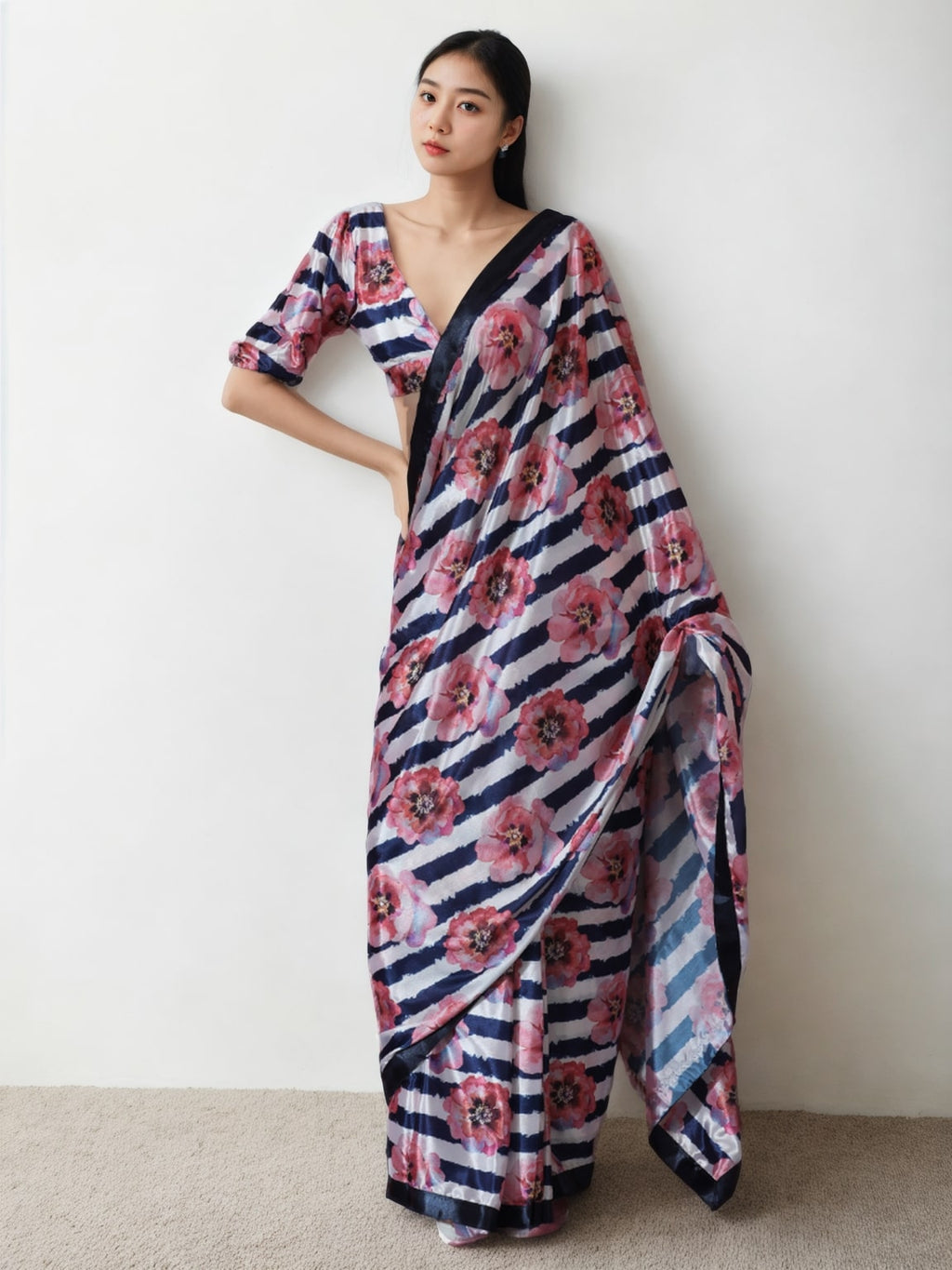 Jyoti Fashion Women's Multicolor Chinon Digital Printed Ready To Wear Saree with Blouse - Distacart