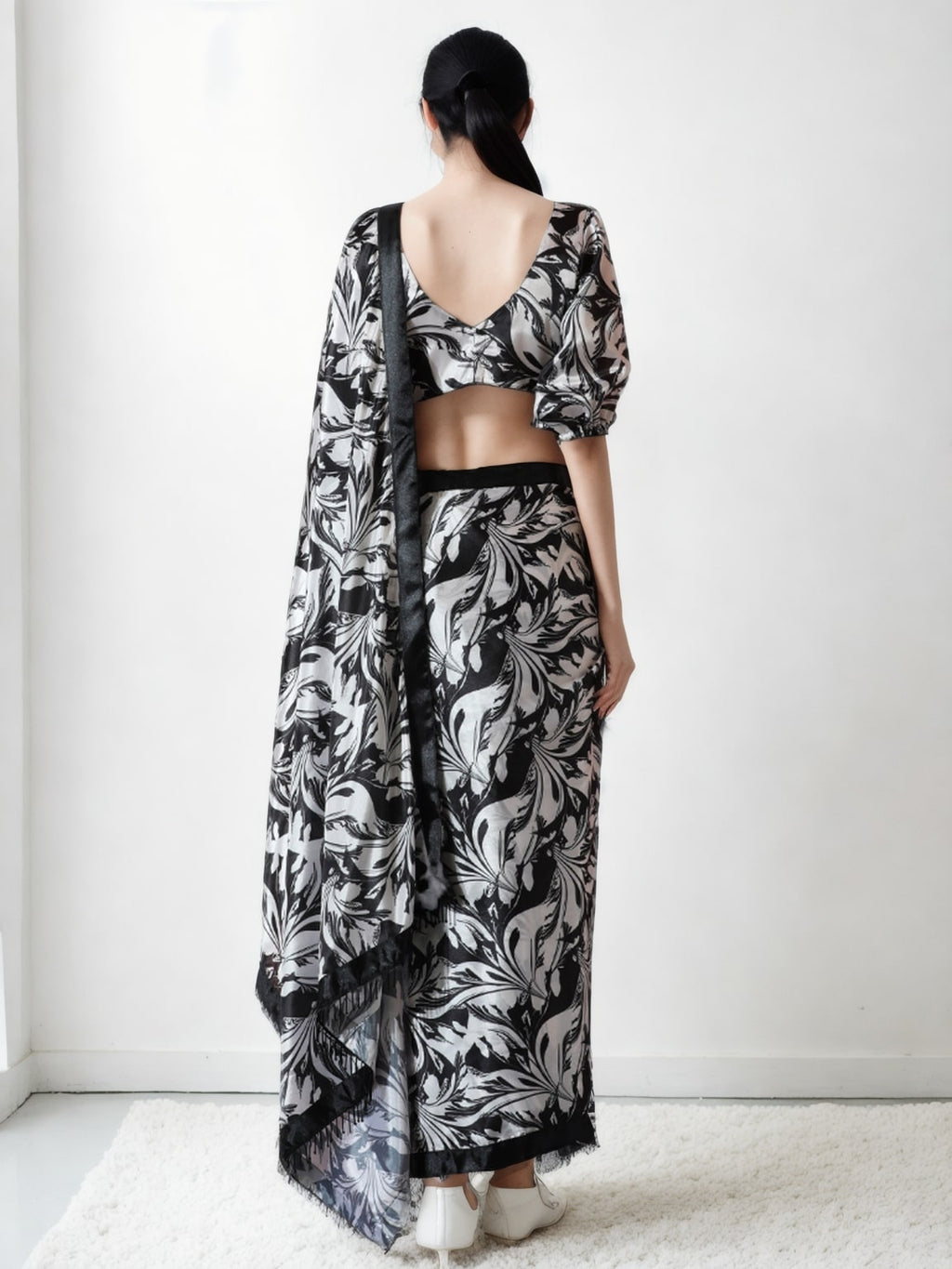 Jyoti Fashion Women's Black Chinon Digital Printed Ready To Wear Saree with Blouse - Distacart