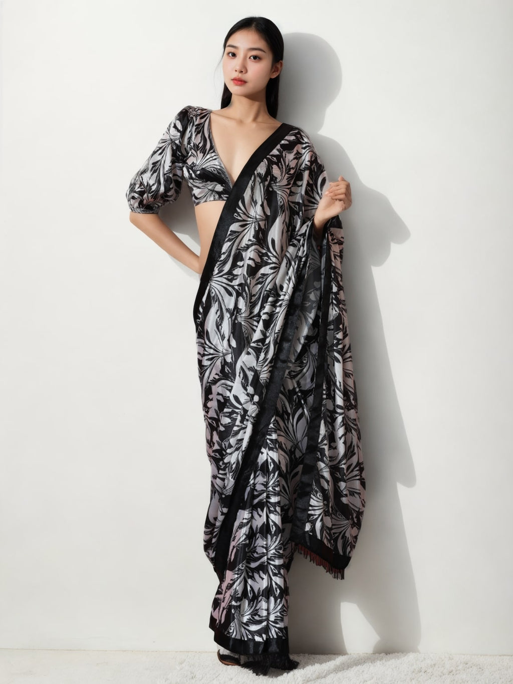 Jyoti Fashion Women's Black Chinon Digital Printed Ready To Wear Saree with Blouse - Distacart