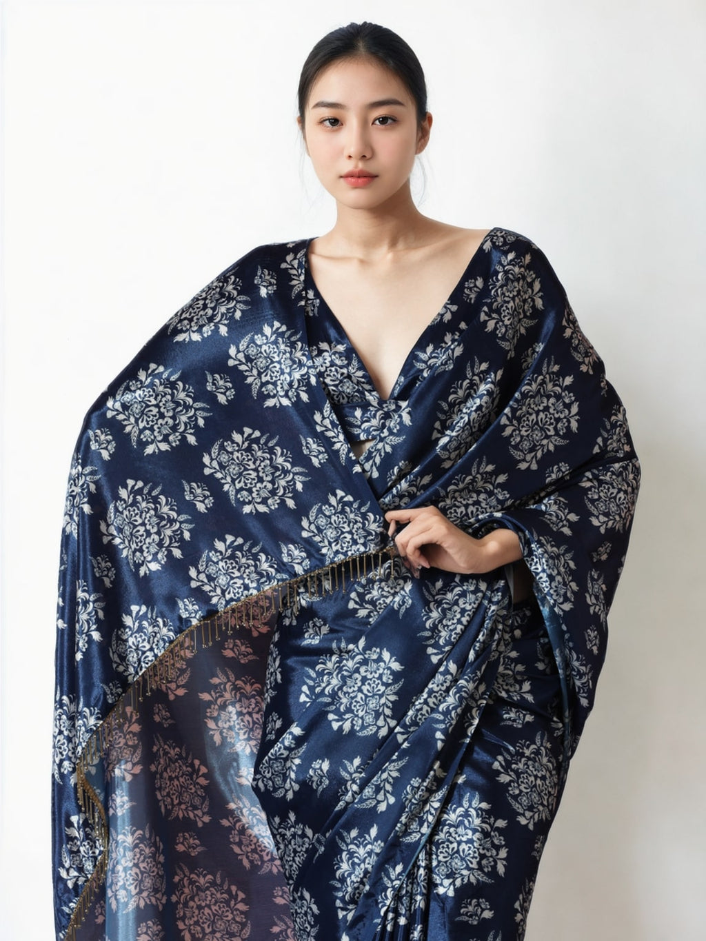 Jyoti Fashion Women's Navy Blue Chinon Digital Printed Ready To Wear Saree with Blouse