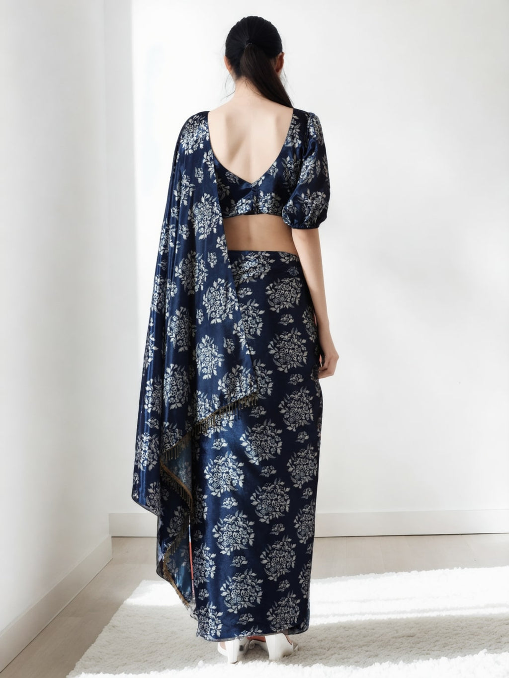 Jyoti Fashion Women's Navy Blue Chinon Digital Printed Ready To Wear Saree with Blouse