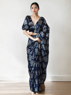 Jyoti Fashion Women's Navy Blue Chinon Digital Printed Ready To Wear Saree with Blouse