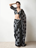 Jyoti Fashion Women's Black Chinon Digital Printed Ready To Wear Saree with Blouse - Distacart
