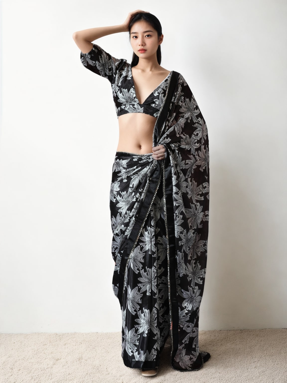 Jyoti Fashion Women's Black Chinon Digital Printed Ready To Wear Saree with Blouse - Distacart