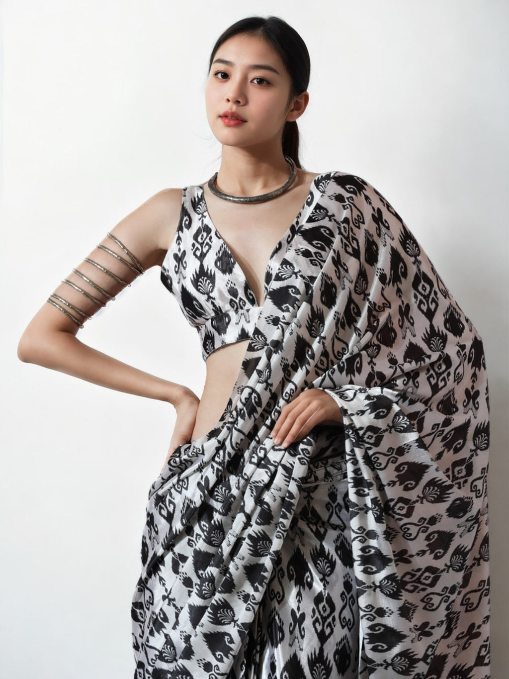 Jyoti Fashion Women's Black Chinon Digital Printed Ready To Wear Saree with Blouse - Distacart