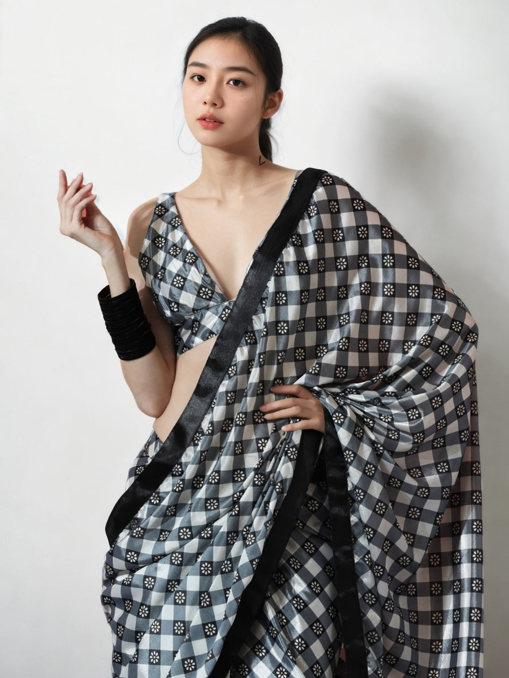 Jyoti Fashion Women's Grey Chinon Digital Printed Ready To Wear Saree with Blouse - Distacart