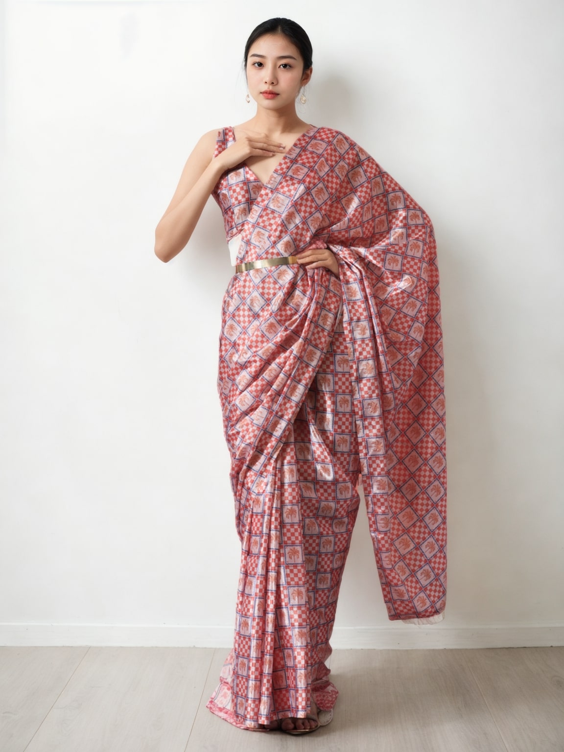 Jyoti Fashion Women's Peach Chinon Digital Printed Ready To Wear Saree with Blouse - Distacart