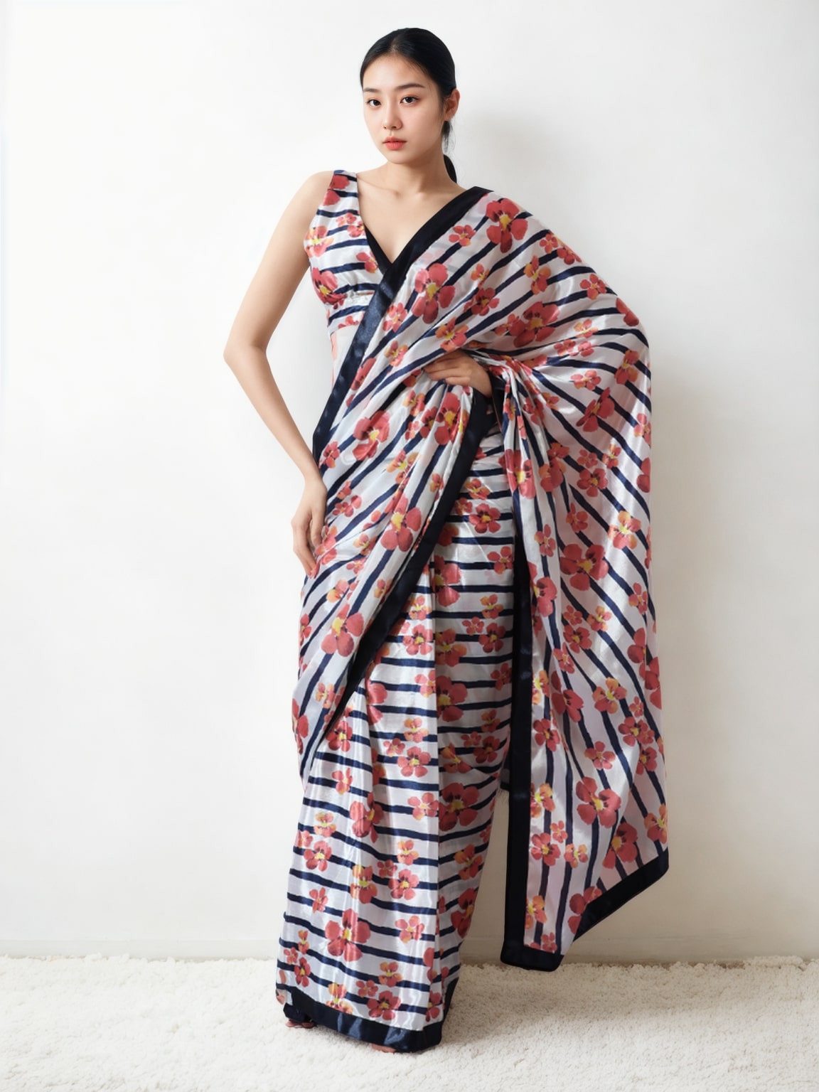 Jyoti Fashion Women's Multicolor Chinon Digital Printed Ready To Wear Saree with Blouse - Distacart