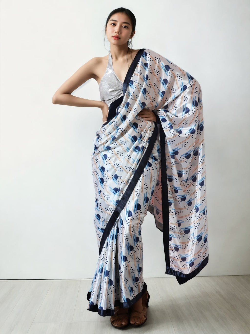 Jyoti Fashion Women's Multicolor Chinon Digital Printed Ready To Wear Saree with Blouse - Distacart