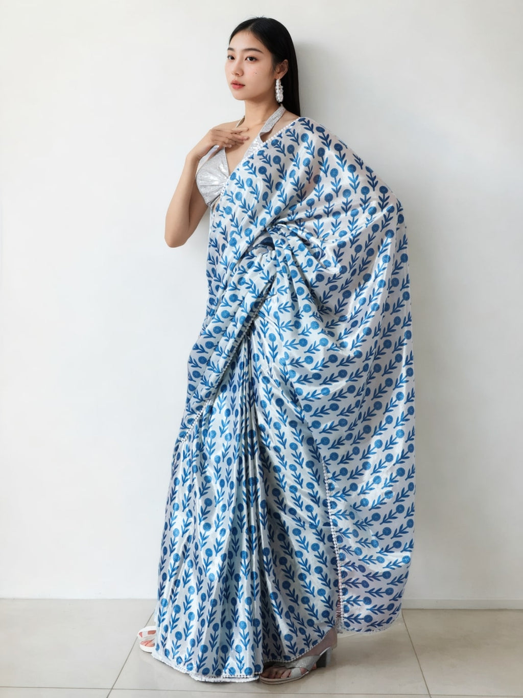 Jyoti Fashion Women's Sky Blue Chinon Digital Printed Ready To Wear Saree with Blouse - Distacart