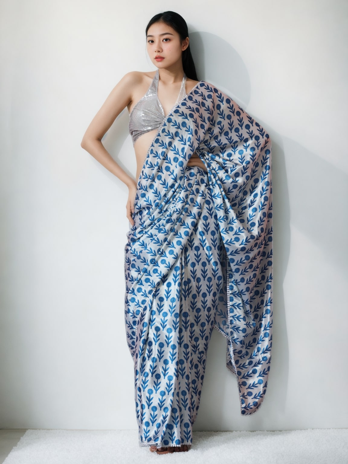 Jyoti Fashion Women's Sky Blue Chinon Digital Printed Ready To Wear Saree with Blouse - Distacart