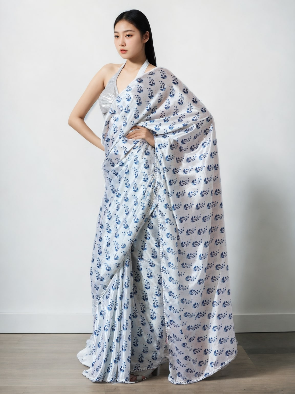 Jyoti Fashion Women's Blue Chinon Digital Printed Ready To Wear Saree with Blouse - Distacart