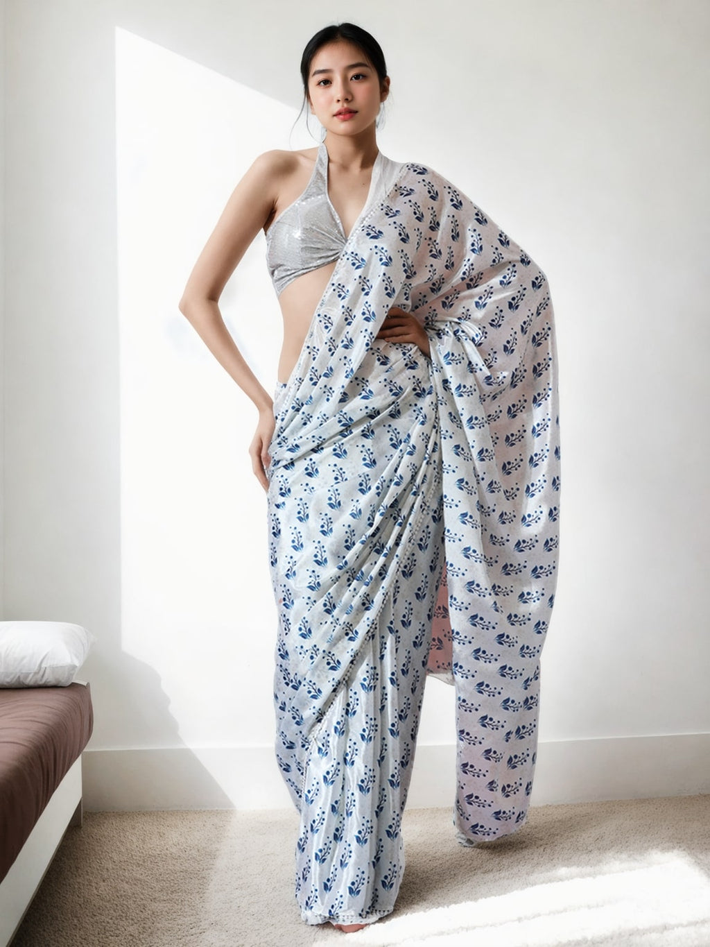 Jyoti Fashion Women's Blue Chinon Digital Printed Ready To Wear Saree with Blouse - Distacart