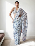Jyoti Fashion Women's Blue Chinon Digital Printed Ready To Wear Saree with Blouse - Distacart