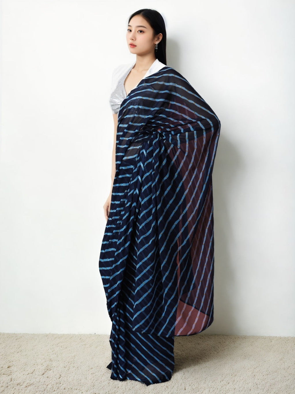 Jyoti Fashion Women's Dark Blue Marble Chiffon Printed Ready To Wear Saree with Blouse