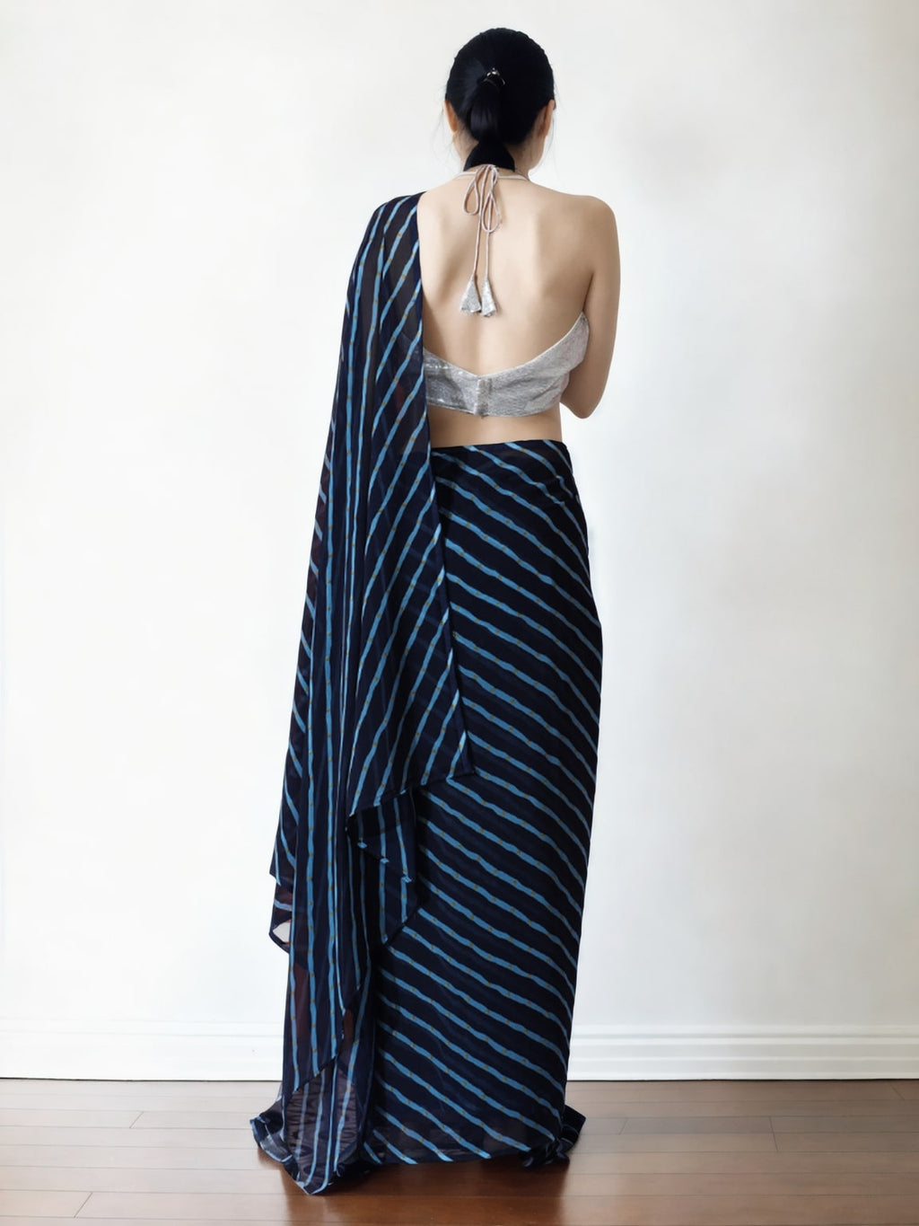 Jyoti Fashion Women's Dark Blue Marble Chiffon Printed Ready To Wear Saree with Blouse