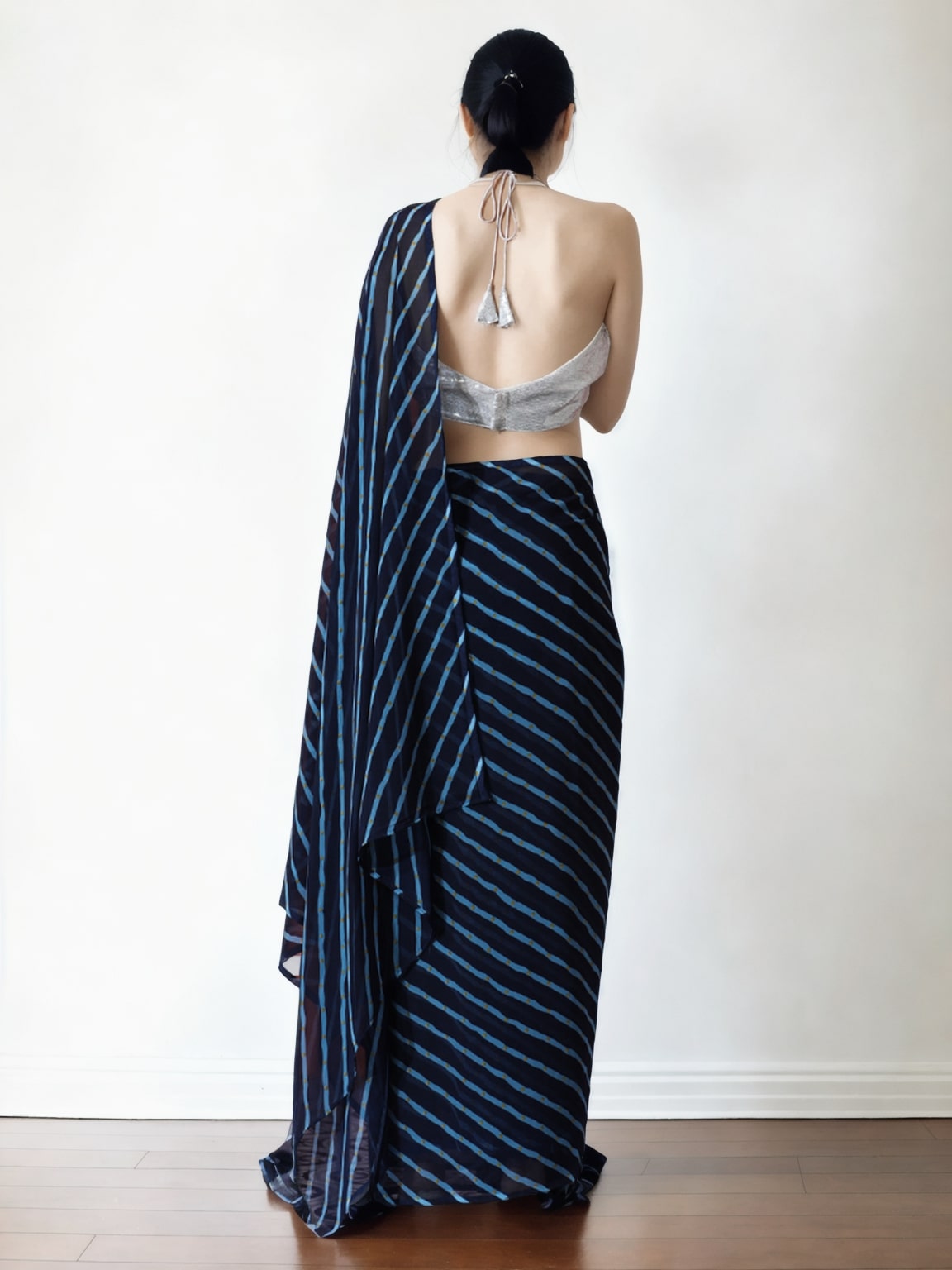 Jyoti Fashion Women's Dark Blue Marble Chiffon Printed Ready To Wear Saree with Blouse
