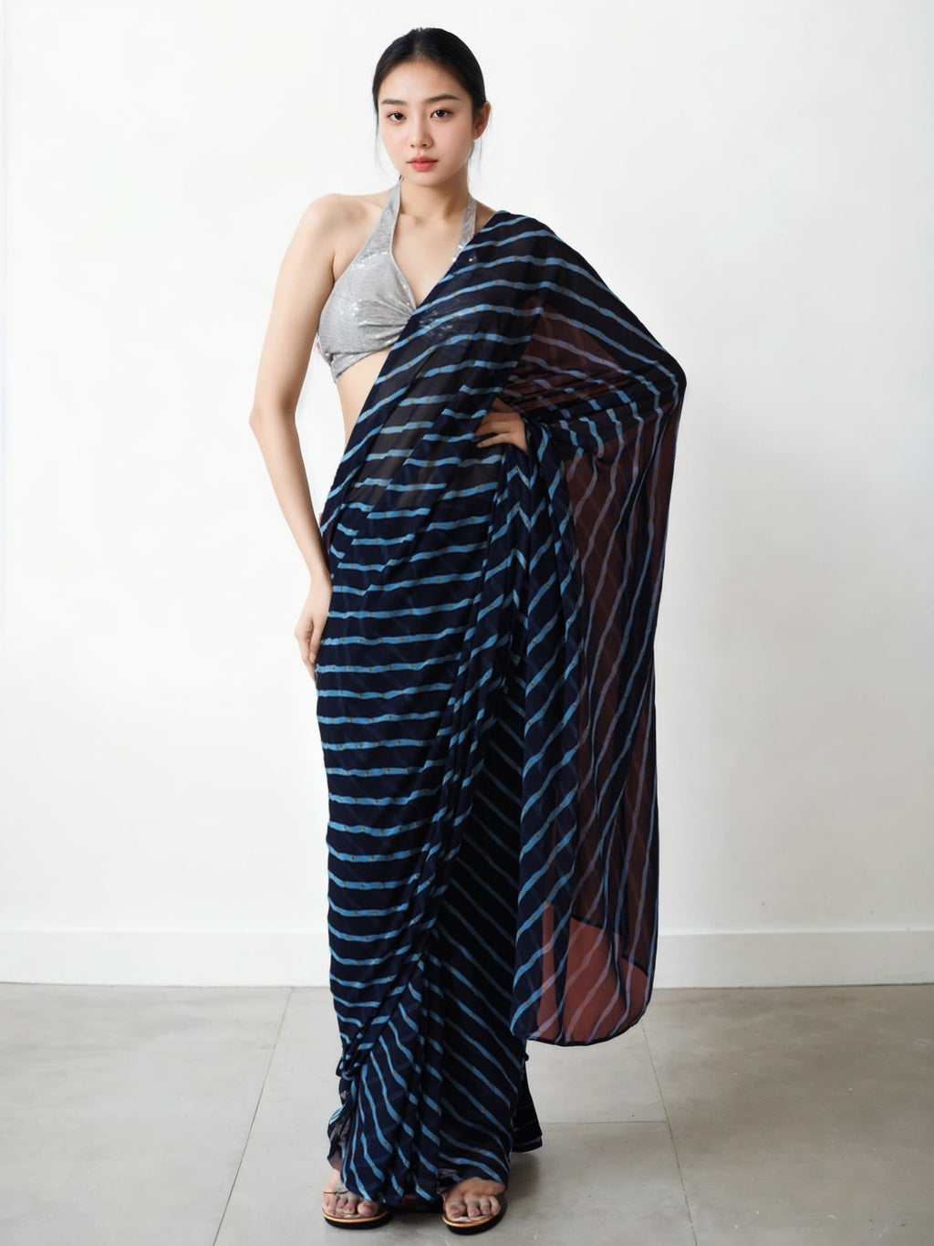 Jyoti Fashion Women's Dark Blue Marble Chiffon Printed Ready To Wear Saree with Blouse