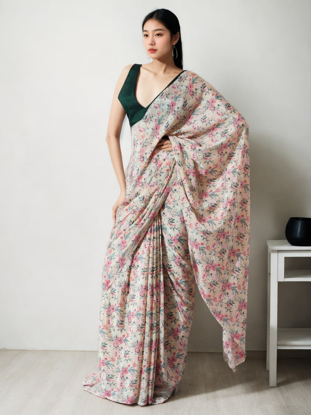 Jyoti Fashion Women's Multicolor Chinon Digital Printed Ready To Wear Saree with Blouse