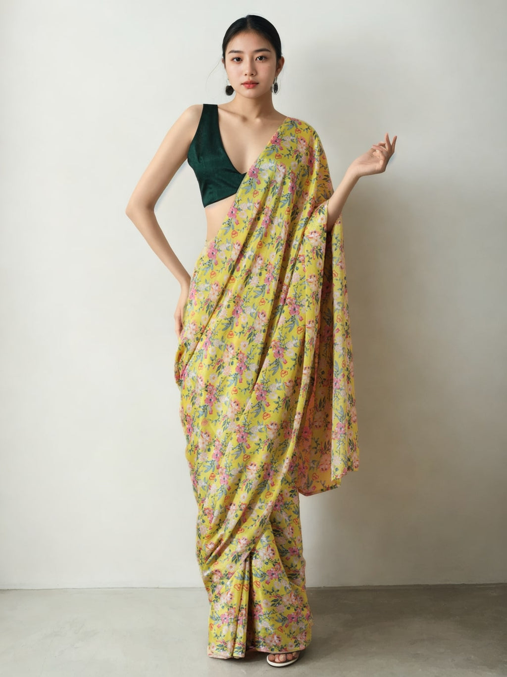 Jyoti Fashion Women's Mehendi Chinon Digital Printed Ready To Wear Saree with Blouse - Distacart