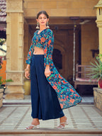 Jyoti Fashion Women's Teal Silk Print with Hand Work Indo Western Kurta Set - Distacart