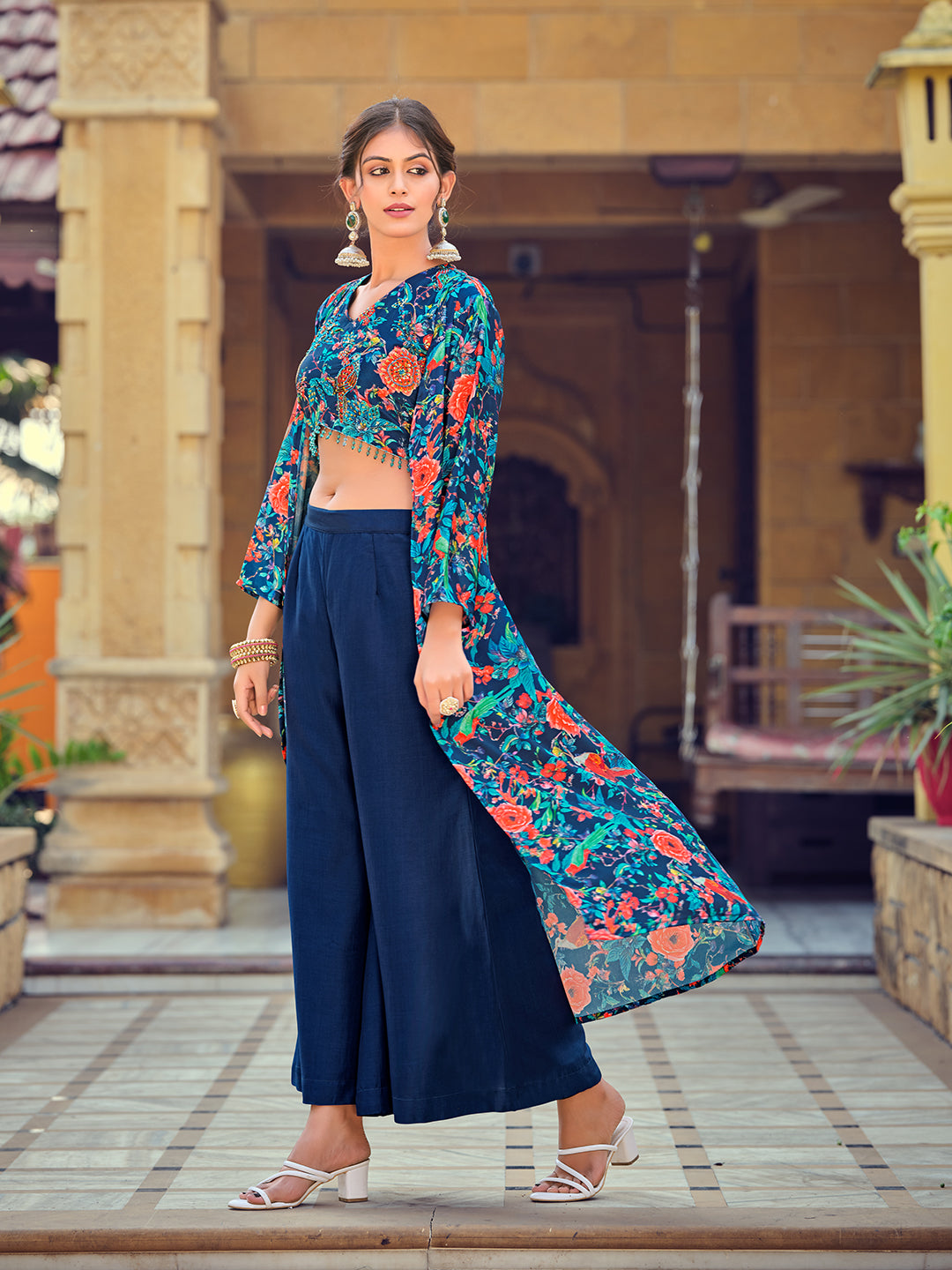 Jyoti Fashion Women's Teal Silk Print with Hand Work Indo Western Kurta Set - Distacart