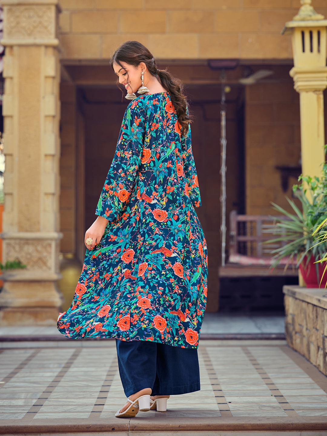 Jyoti Fashion Women's Teal Silk Print with Hand Work Indo Western Kurta Set - Distacart